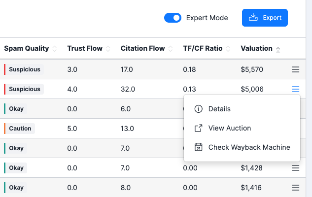 UpSnatch results row action menu with Domain Details option