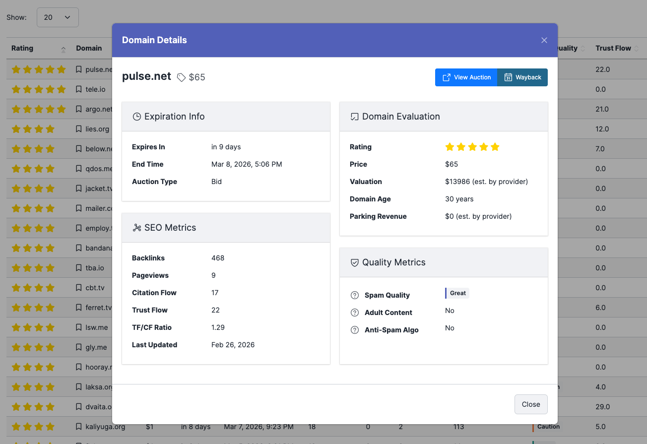 UpSnatch Domain Details view with evaluation, SEO metrics, and quick actions (View Auction, Wayback)