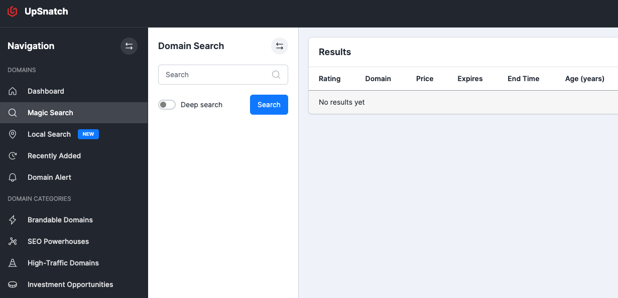 UpSnatch UI overview: Domains (Magic Search, Local Search, Recently Added, Domain Alert) and Domain Categories (Brandable, SEO Powerhouses, High-Traffic, Investment Opportunities)