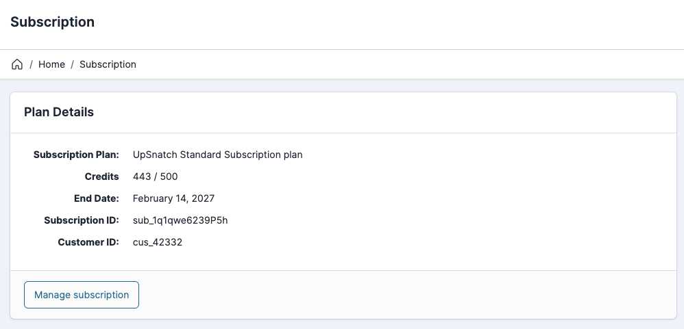 UpSnatch Subscription page with Plan Details and Manage subscription
